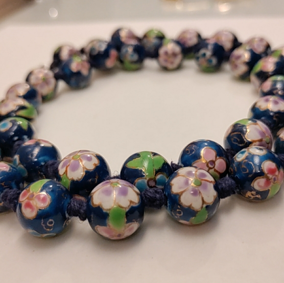 Vintage Chinese Export Cloisonné Champlevé Blue Enamel Pink Flower Bead Necklace - Picture 1 of 4